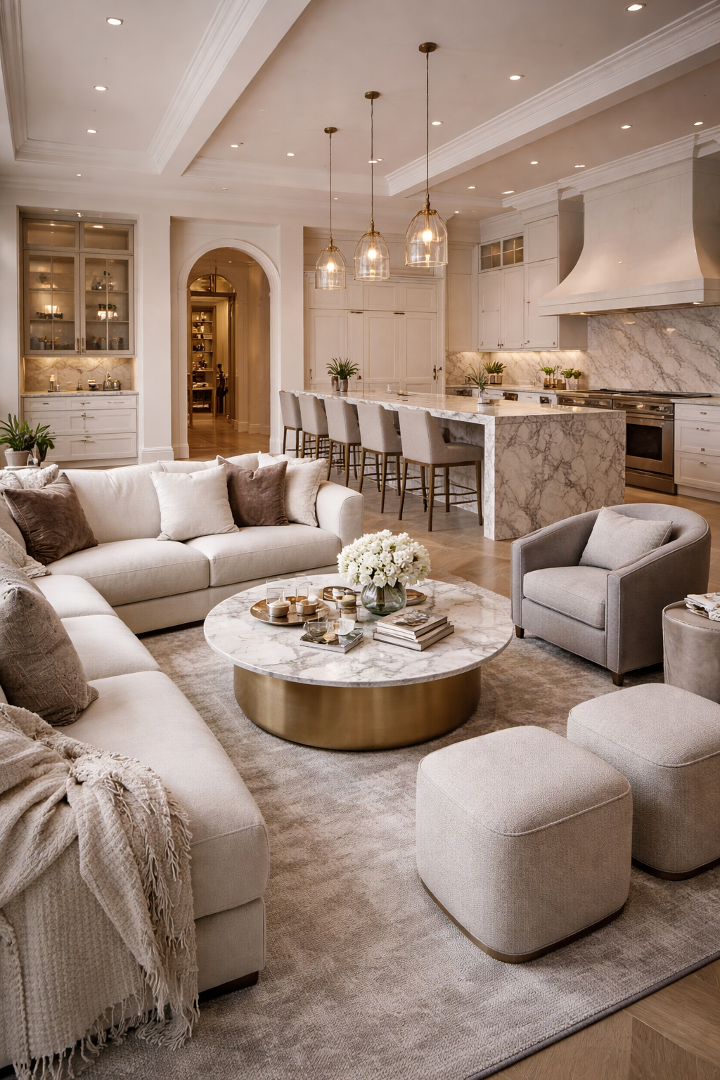 Sophisticated residential interior with open living room and kitchen, curated furniture, marble finishes, and warm modern design.