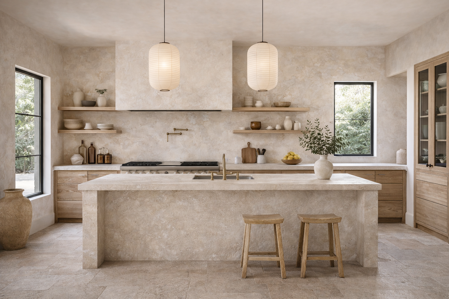 Luxury bathroom interior with natural stone finishes, curated materials, and refined modern residential detailing.