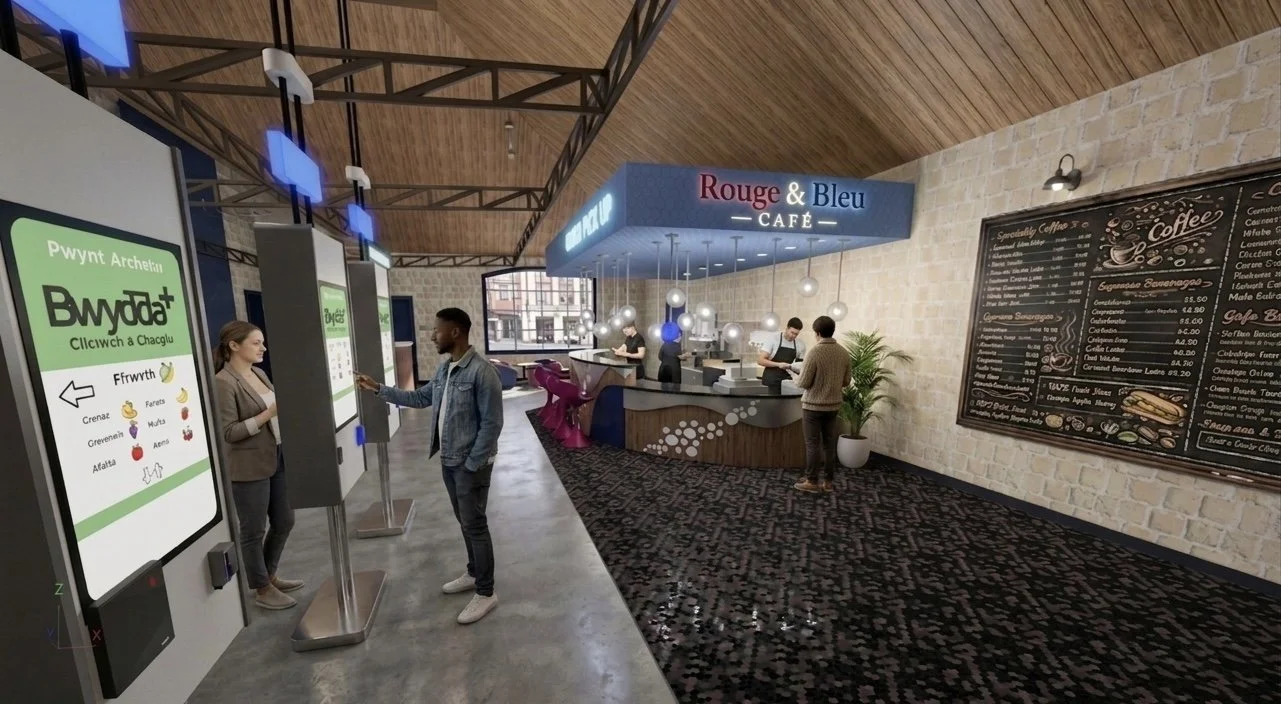 Lake Norman café interior design with French industrial style, bar counter and customer experience layout