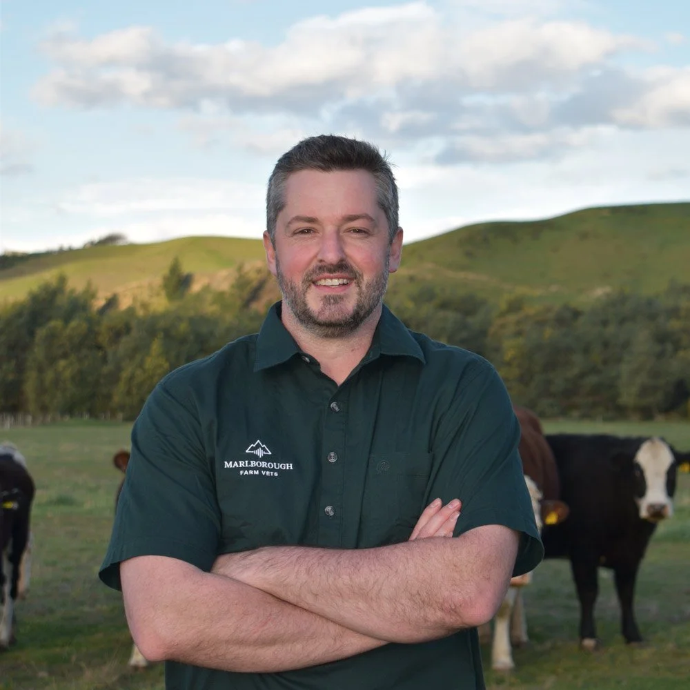 A man standing outdoors with arms crossed, smiling, in front of a farm landscape with cows, trees, hills, and a partly cloudy sky.