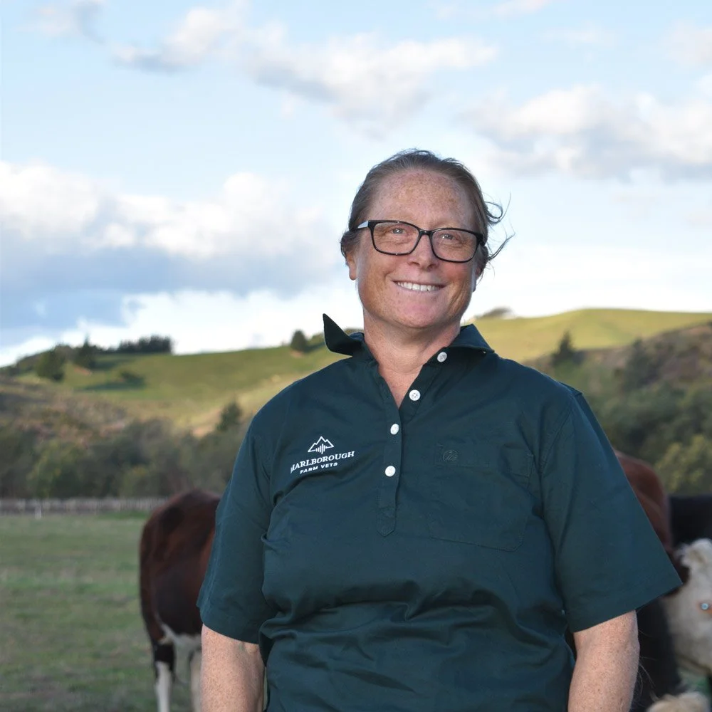 Trish is outdoors on a farm with hills in the background, cattle grazing nearby.