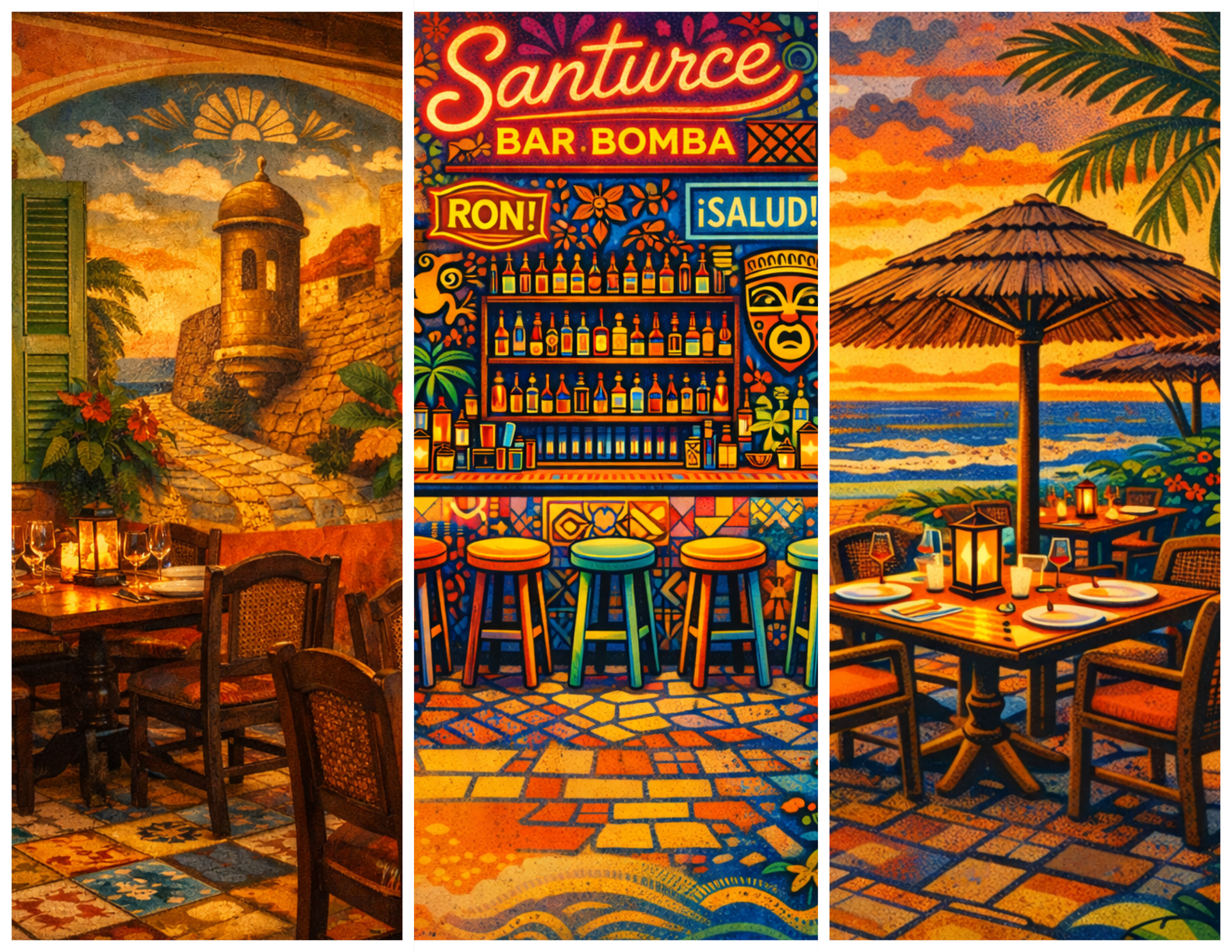 Three colorful murals depicting a Spanish patio with a stone walkway and patio chairs, a vibrant bar scene with bottles and traditional masks, and a seaside restaurant at sunset with tables under umbrellas.