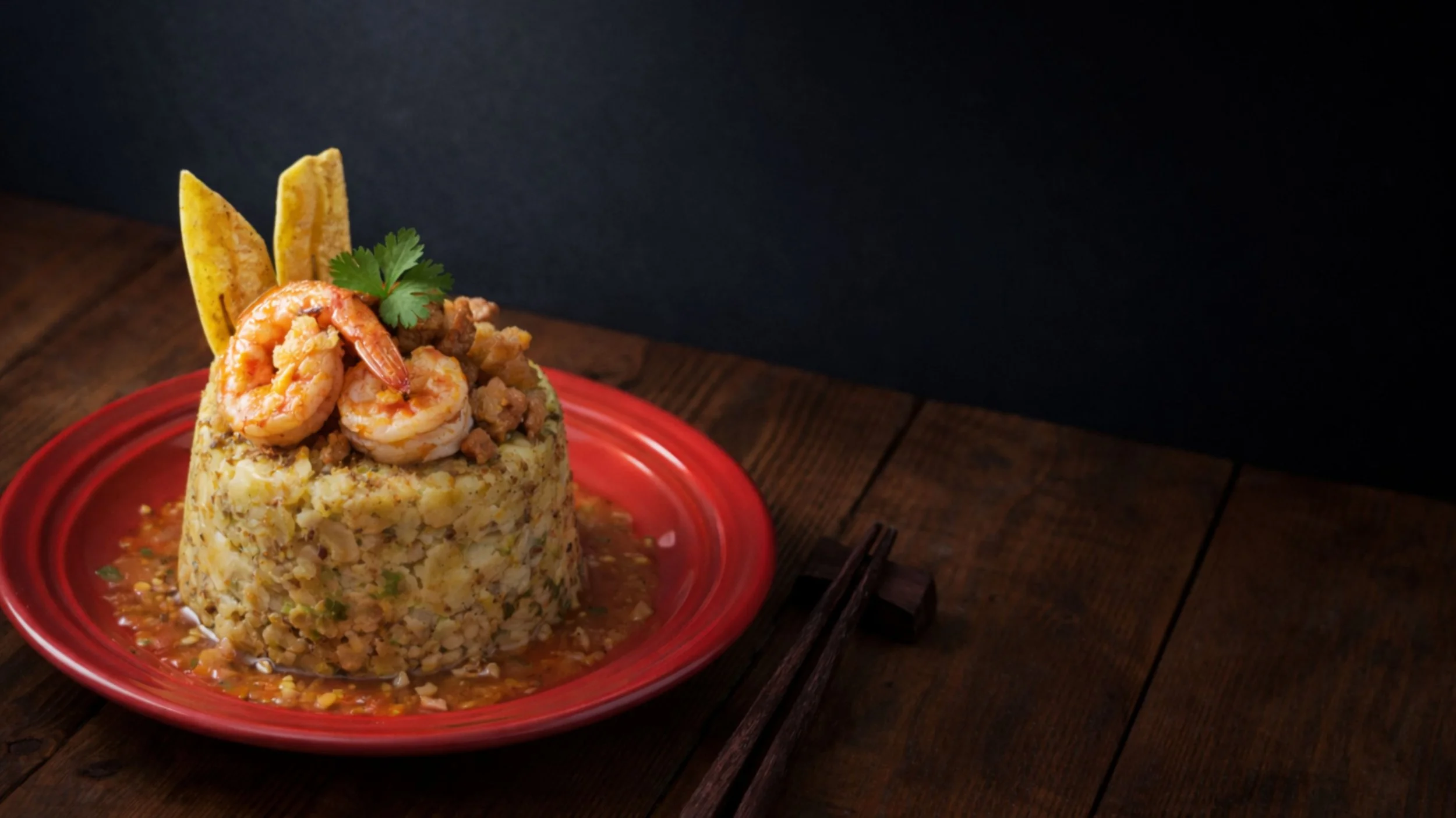 A plated serving of shrimp and egg fried rice garnished with cilantro and plantain chips on a red plate, with chopsticks beside it on a wooden table.