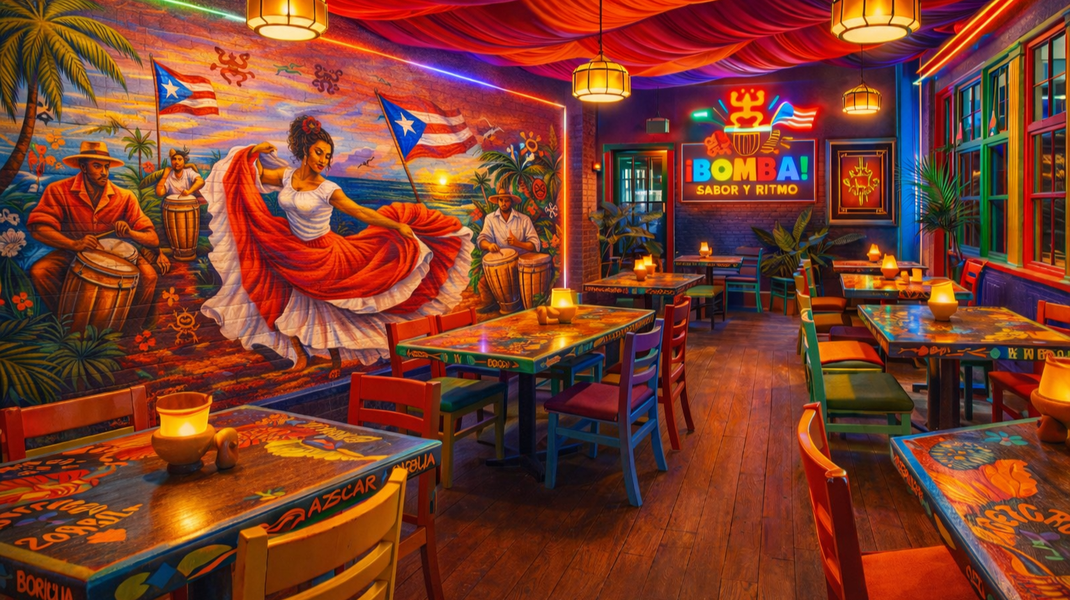 Colorful interior of a Puerto Rican restaurant or bar with vibrant murals, tropical plants, and neon signs, including a large mural of a woman dancing with drummers, and a neon sign that says 'BOMBA! SABOR Y RITMO'.