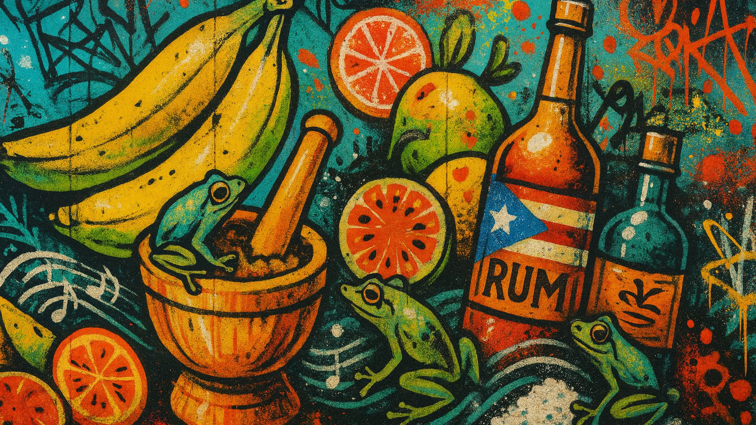 Colorful graffiti-style artwork featuring bananas, citrus fruits, a mortar and pestle with a frog, green frogs, and bottles labeled 'Rum' with an Puerto Rican flag design. The style is vibrant and street-art inspired.