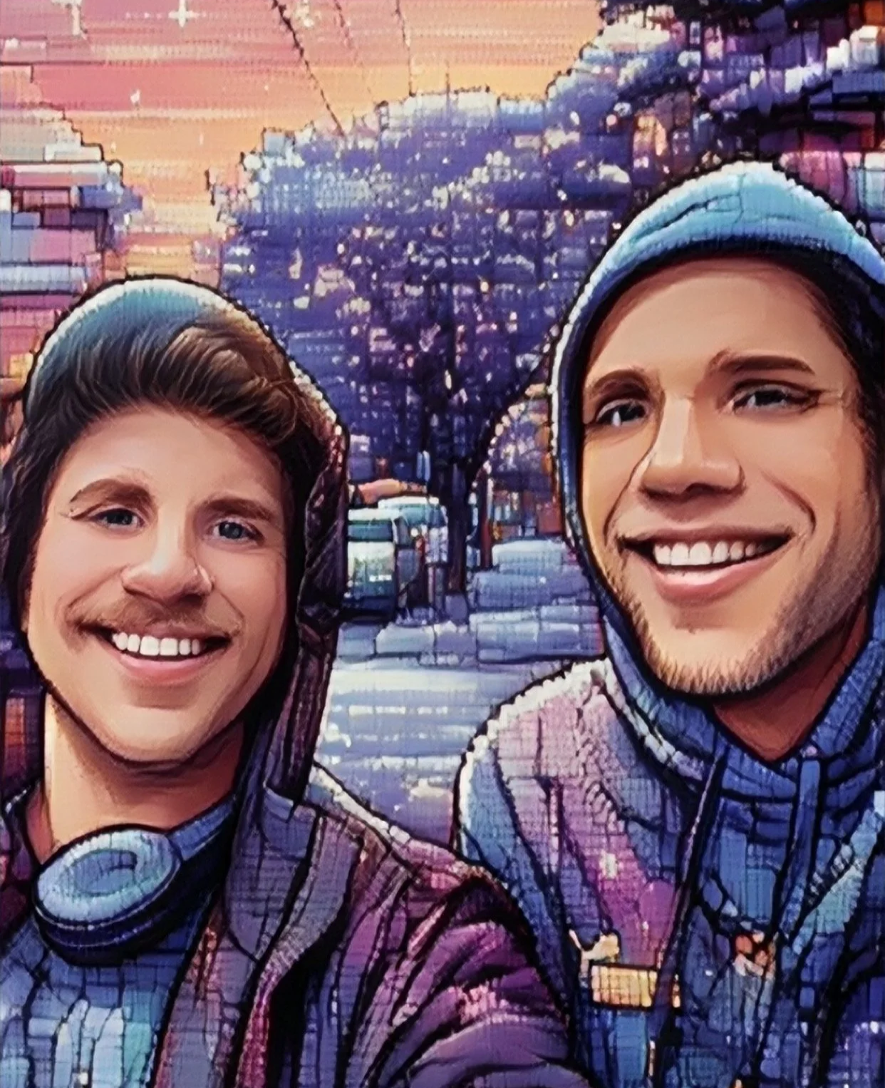 Colorful street scene mosaic with two smiling young men in hooded sweatshirts taking a selfie, city street, buses, trees, and sunset in the background.