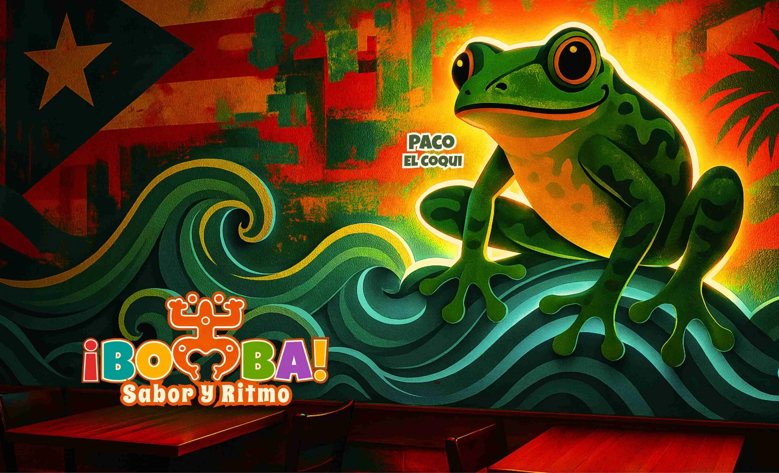 Colorful mural featuring a green frog with large eyes on a swirling water background. Text reads '¡BOBA! Sabor y Ritmo' with bright colors, and a small label says 'Paco El Coqui'. A stylized Puerto Rican flag is visible in the background.