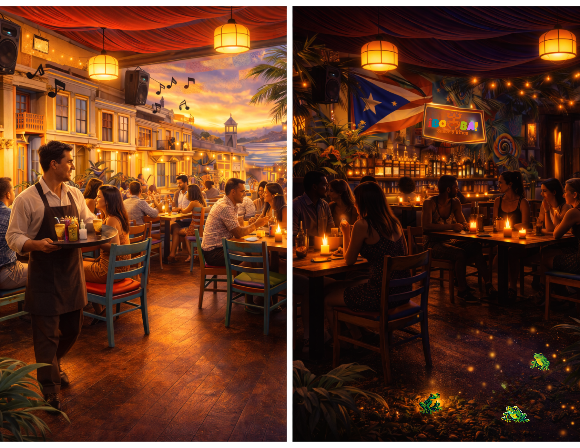 Comparison of two restaurant scenes: The left shows an outdoor dining area during sunset with a server carrying a tray, while the right depicts an indoor dining space at night with candlelit tables, tropical decorations, and patrons enjoying their evening.
