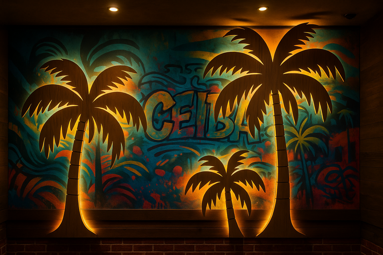 Decorative wall art featuring silhouettes of palm trees with the word 'CEIBA' in graffiti style, illuminated with warm backlighting in a tropical setting.