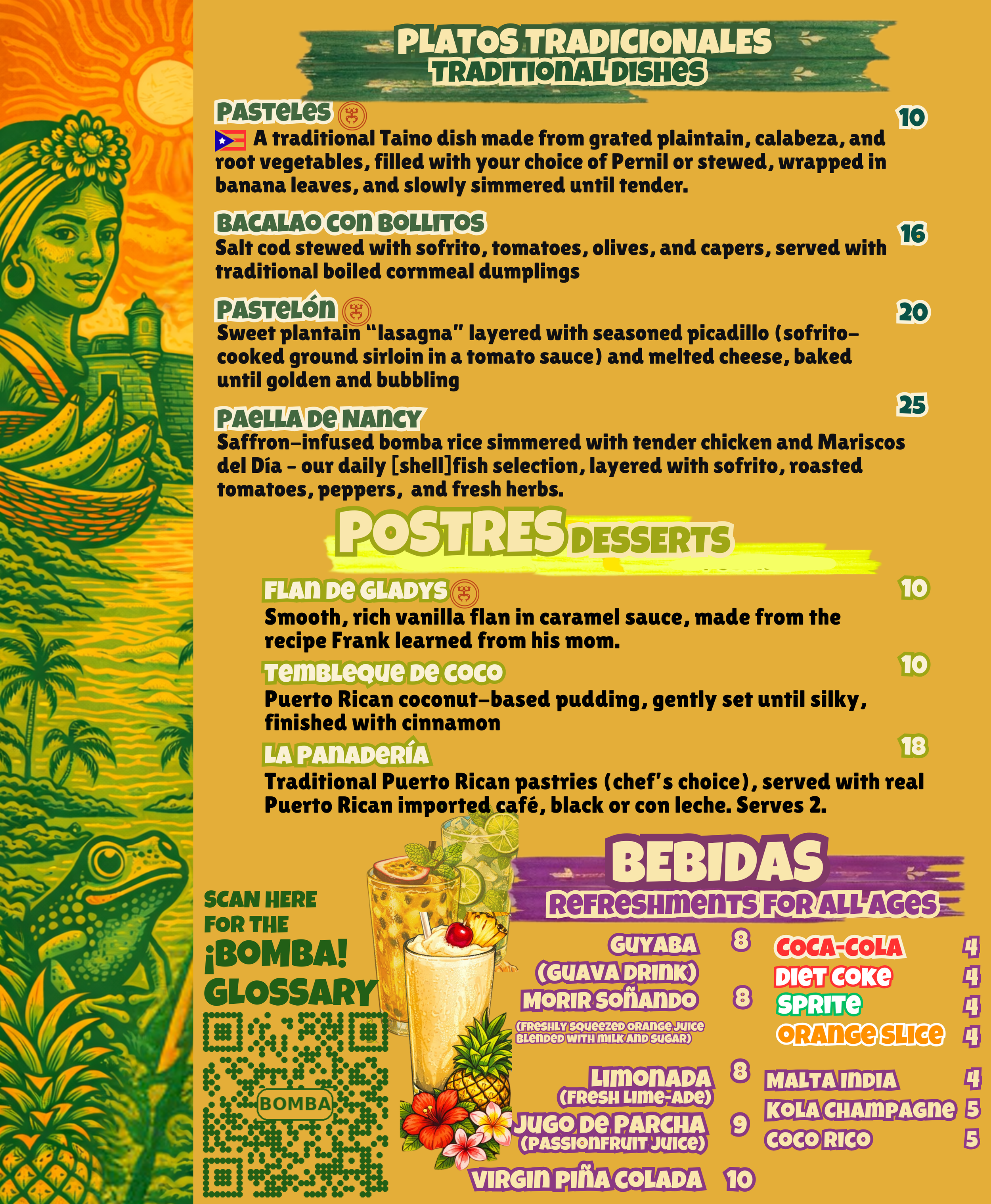 Menu featuring traditional Puerto Rican dishes such as pastel, bacalao con bollitos, pastelón, and paella de nancy; desserts like flan de galves, tembleque de coco, and la panadería; and various beverages including guayaba, morir soñando, limonada, jugo de parch, and virgin piña colada.