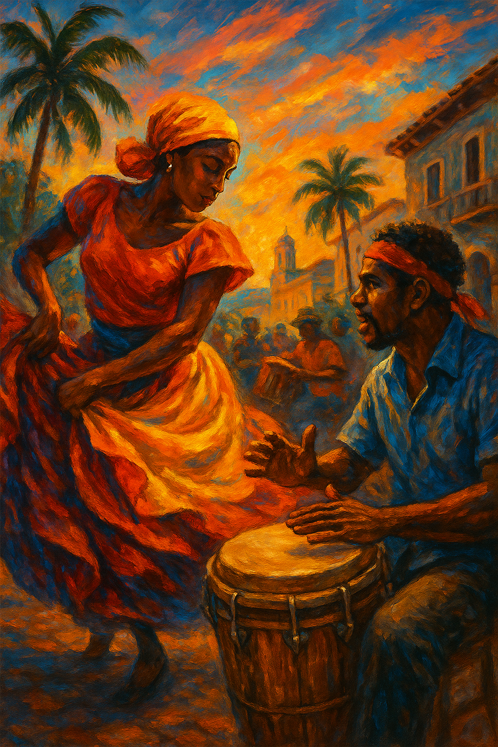 A vibrant painting of a woman dancing with a man playing a drum during a lively street celebration at sunset, with palm trees and colorful buildings in the background.