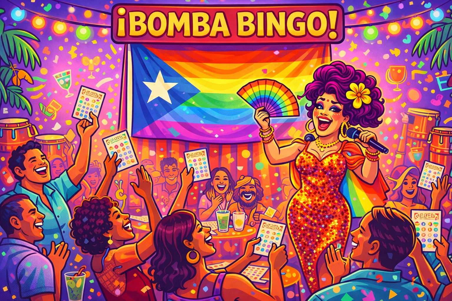 Colorful scene of a lively bingo party with a performer dressed in a sparkling dress and rainbow cape entertaining an audience under rainbow flag with a "Bomba Bingo!" banner, surrounded by confetti and decorations.
