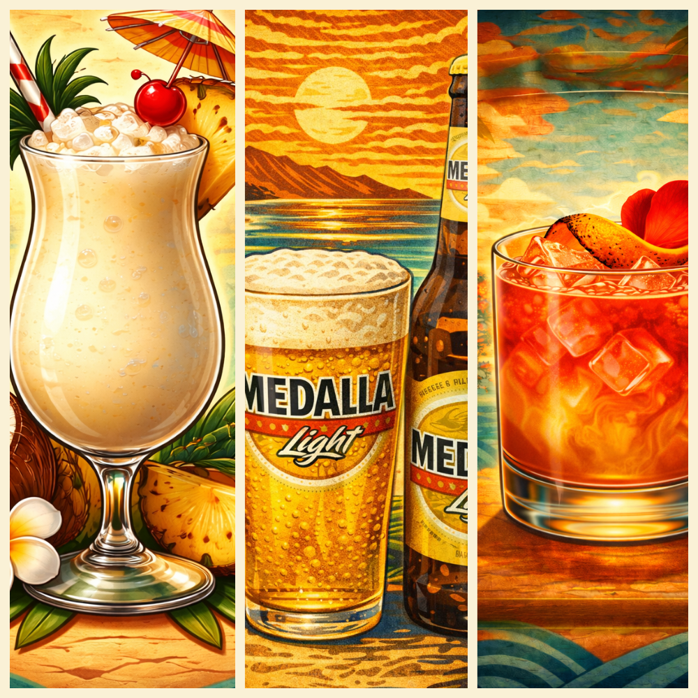 Collage of three tropical-themed beverages: a tiki cocktail with pineapple, cherry, and umbrella; a glass of Medalla Light beer with a sunset scene in the background; and a glass of a red cocktail with ice, a lemon twist, and a flower, all set against colorful sunset backgrounds.