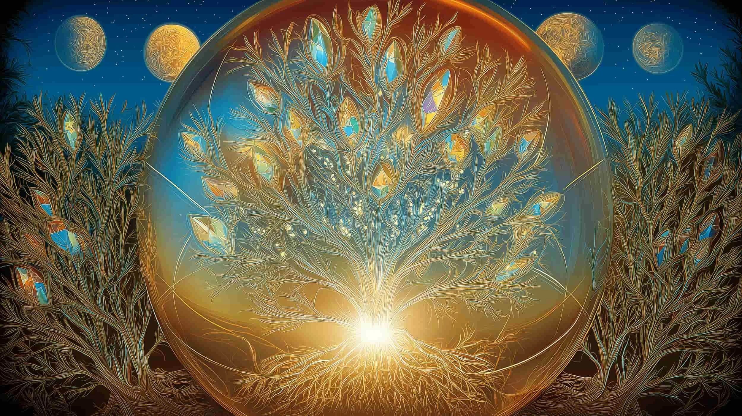 A digital illustration of a tree with glowing leaves inside an oval frame, set against a night sky with moons.