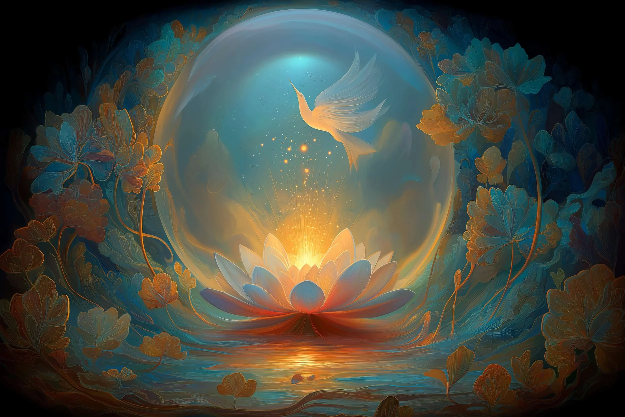 A digital artwork of a glowing white bird, possibly a swan or dove, flying above a luminous water lily surrounded by glowing flowers and leaves, with a bright light source behind it creating a mystical atmosphere.
