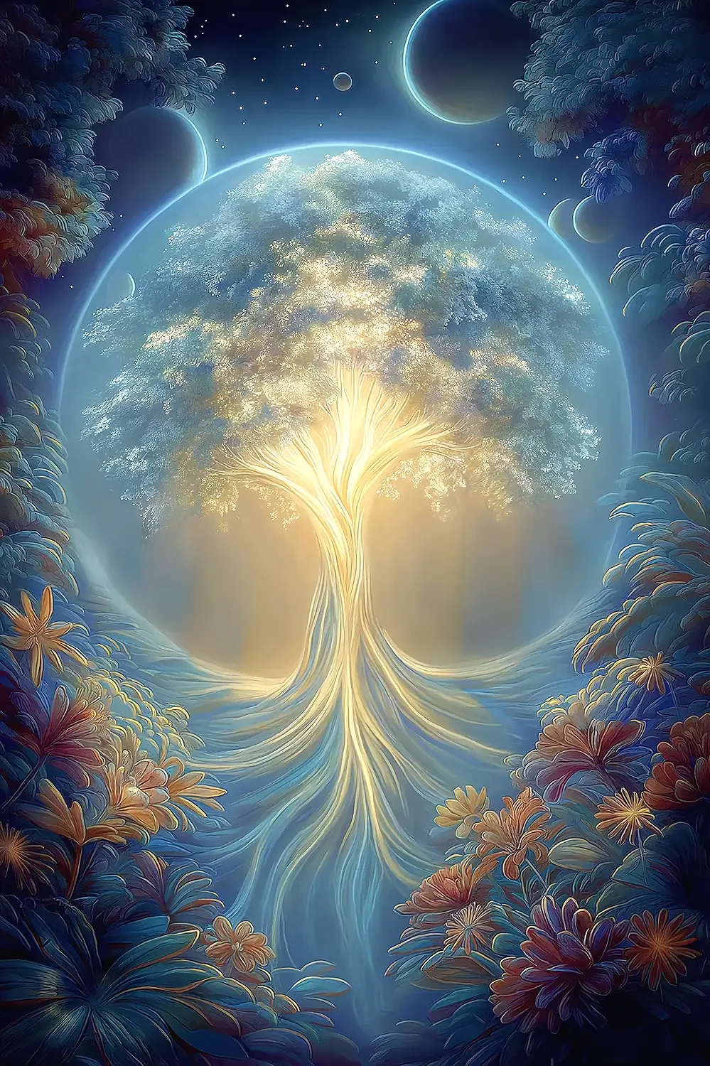 A glowing tree with bright white and gold leaves and trunk, surrounded by clouds, in a cosmic setting with planets and stars in the background