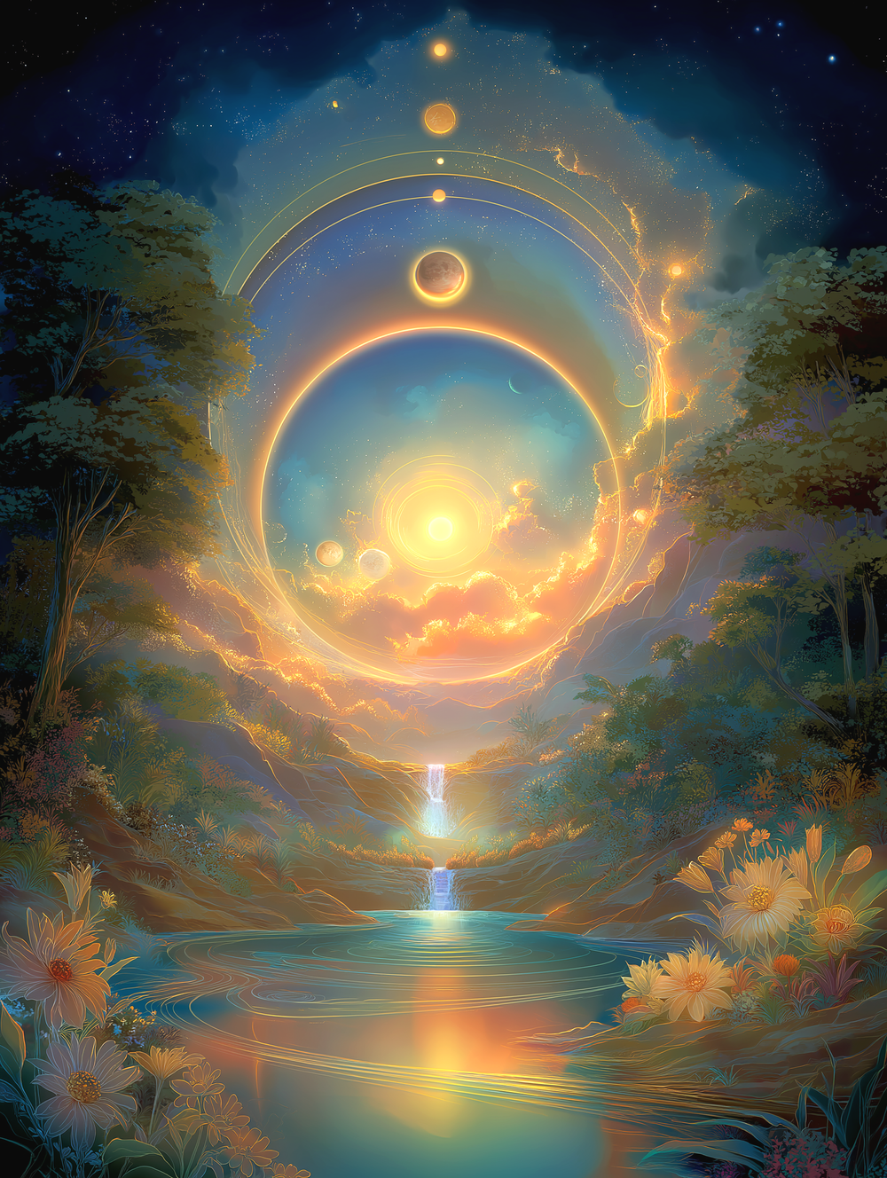 A fantasy landscape depicting celestial bodies and a glowing sun-like object over a waterfall and river, surrounded by lush trees and flowers.