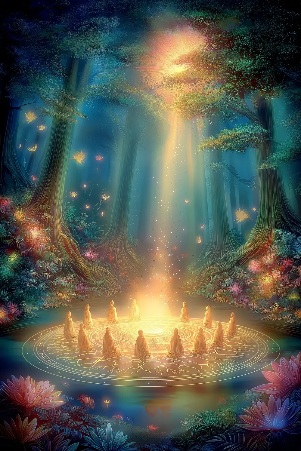 A mystical, glowing forest scene with a circle of hooded figures meditating around a shimmering, golden light source on the ground, surrounded by colorful flowers and illuminated by rays of sunlight piercing through dense trees.