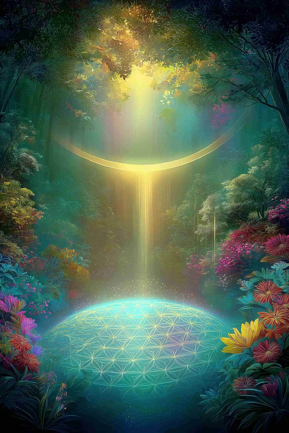 A mystical, glowing scene in a lush forest with vibrant flowers on the ground. A large glowing sphere with a geometric pattern rests on the forest floor, with a crescent moon shape made of golden light floating above it. A radiant beam of light descends from the sky, creating an ethereal atmosphere.