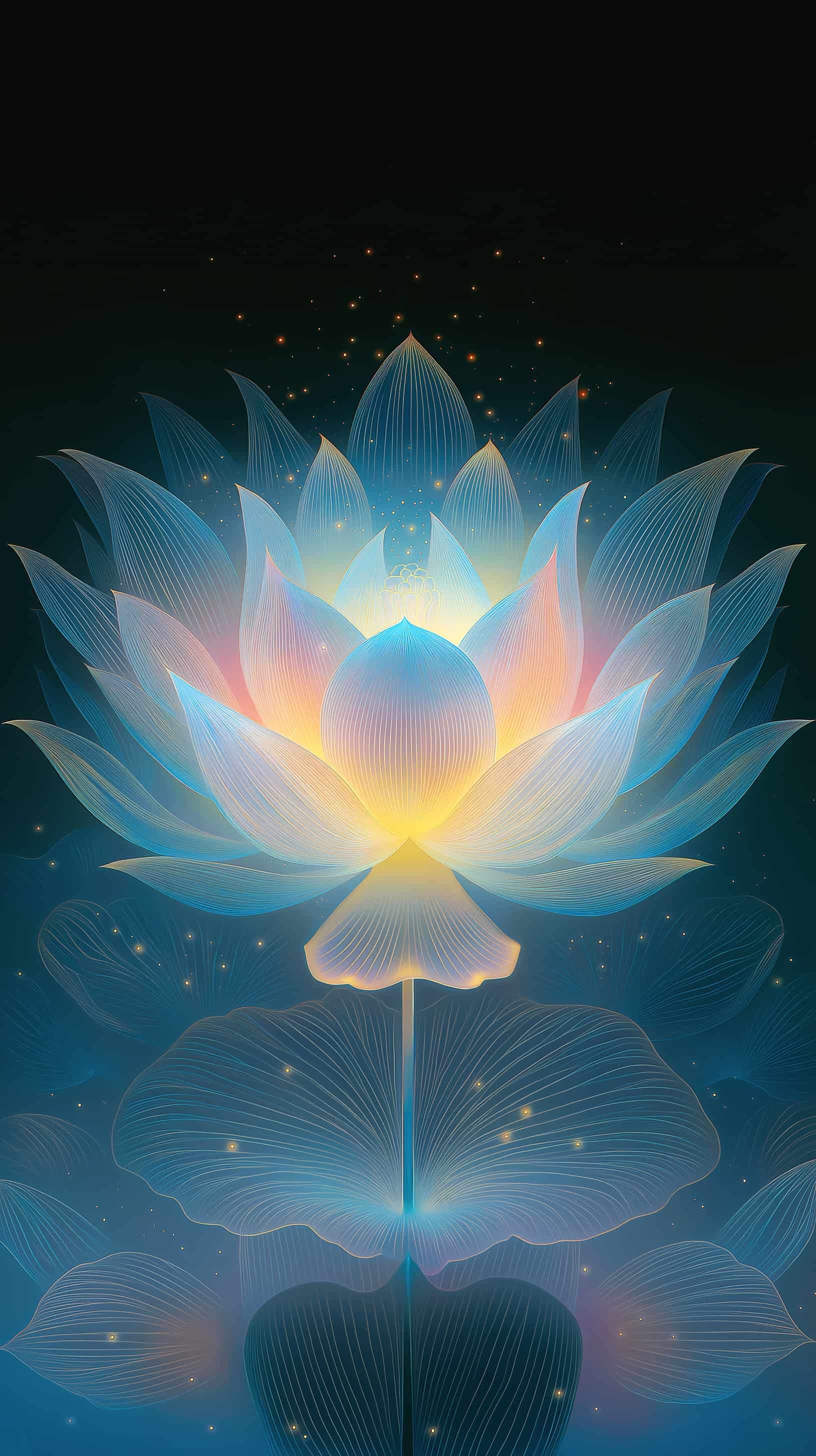 Digital illustration of a glowing, multi-layered lotus flower with translucent petals in shades of blue, pink, and yellow, set against a dark background with small glowing particles.