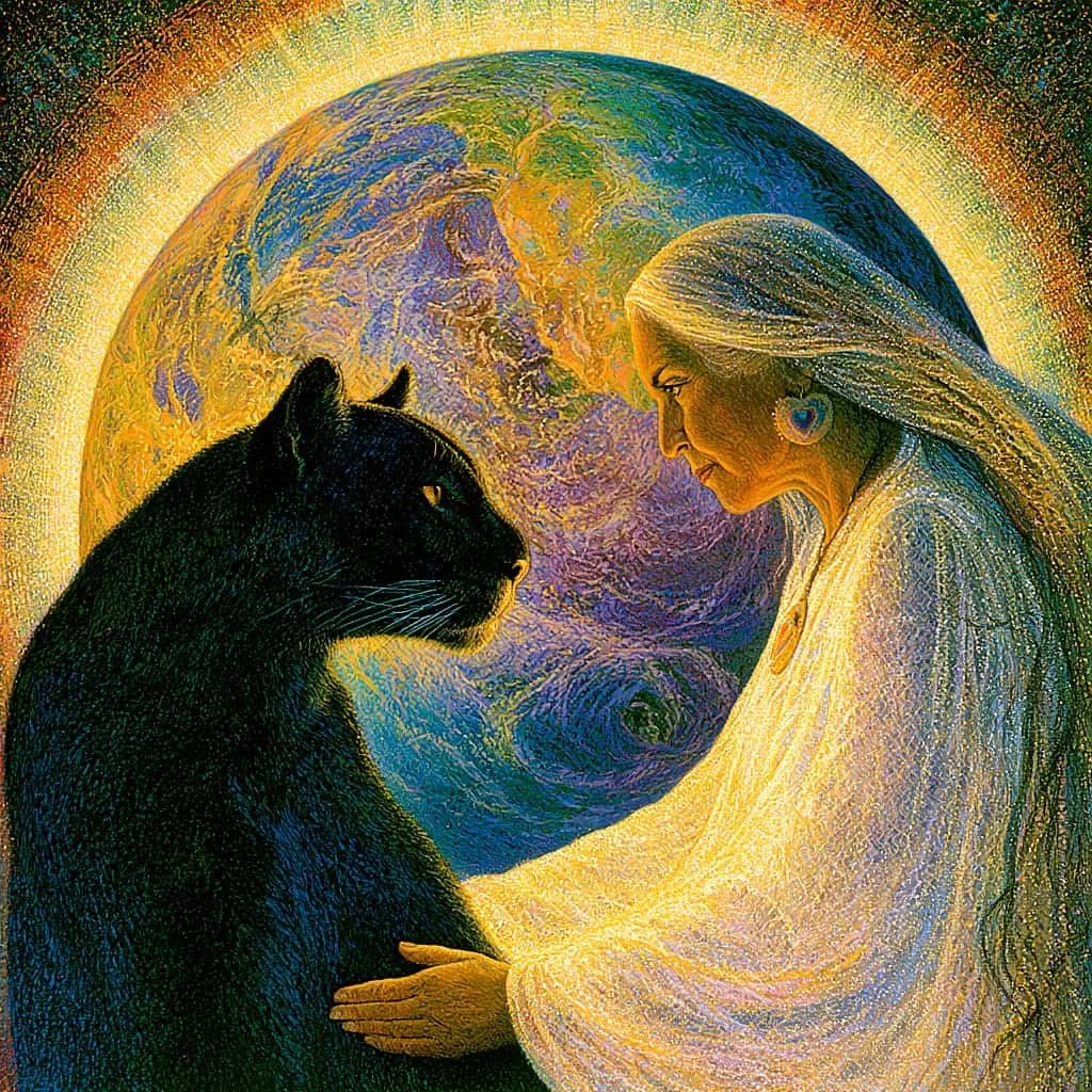 An artistic illustration of a woman with long flowing hair and heart-shaped earrings gently touching a black panther, with a glowing Earth in the background.
