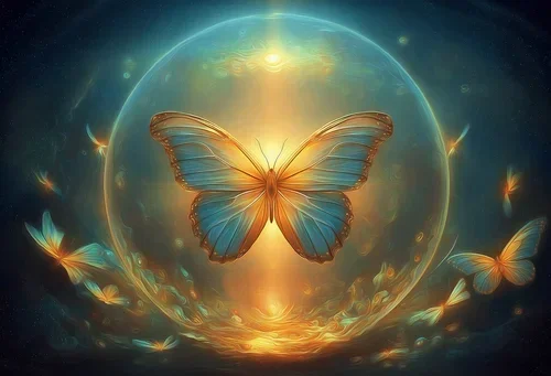 A glowing butterfly inside a luminous sphere with smaller butterflies surrounding it in a fantasy-like scene.