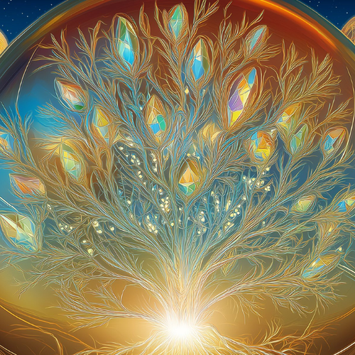 A digitally stylized tree with glowing branches and crystal-like leaves, emitting bright light at its base.