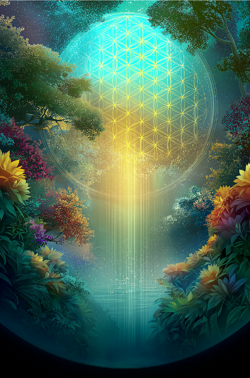 A colorful digital artwork of a glowing geometric sphere floating above a lush, vibrant garden with water and trees, illuminated by a beam of light.