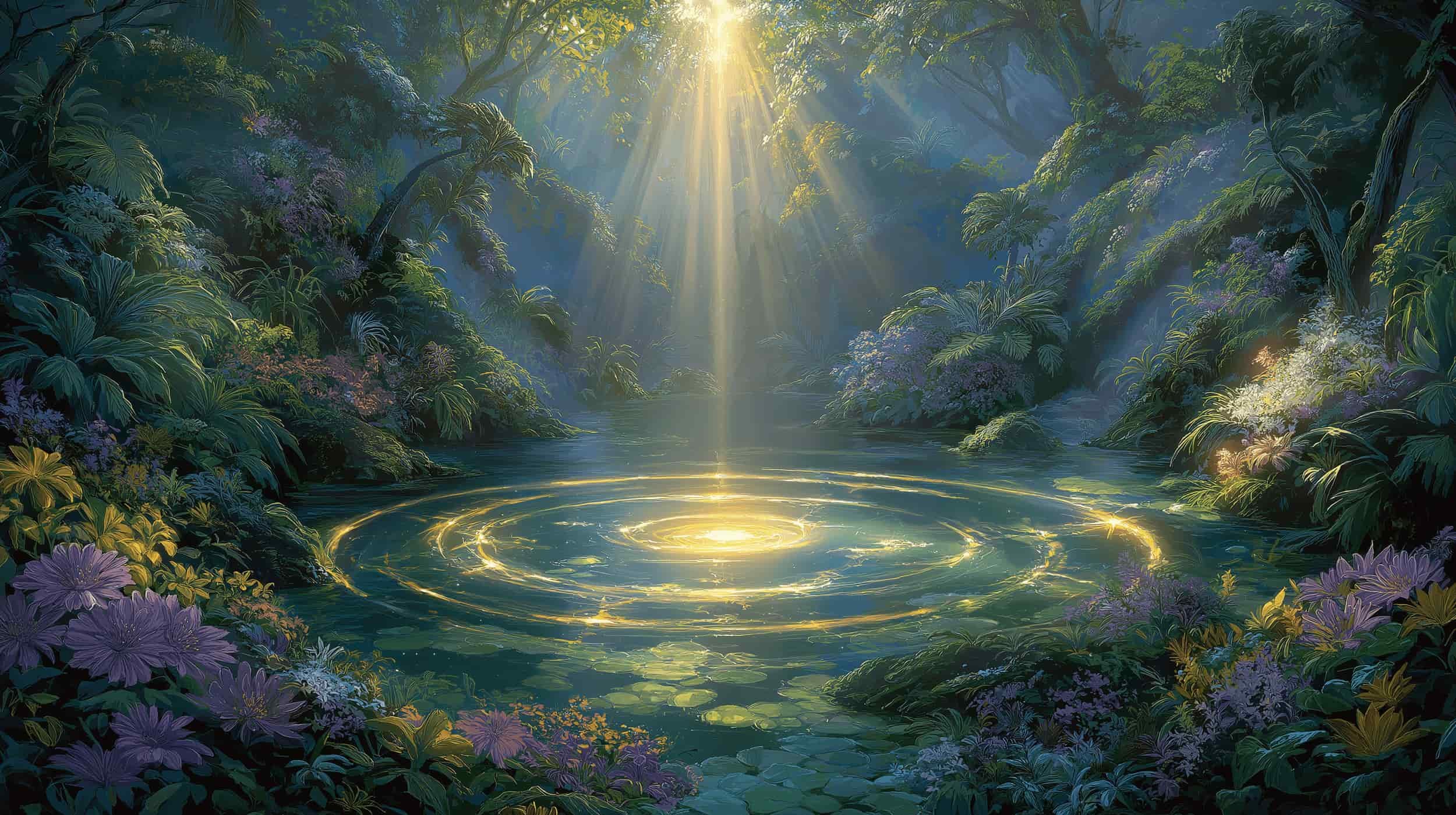 A lush tropical forest with sunlight shining through trees onto a calm river, creating glowing ripples.