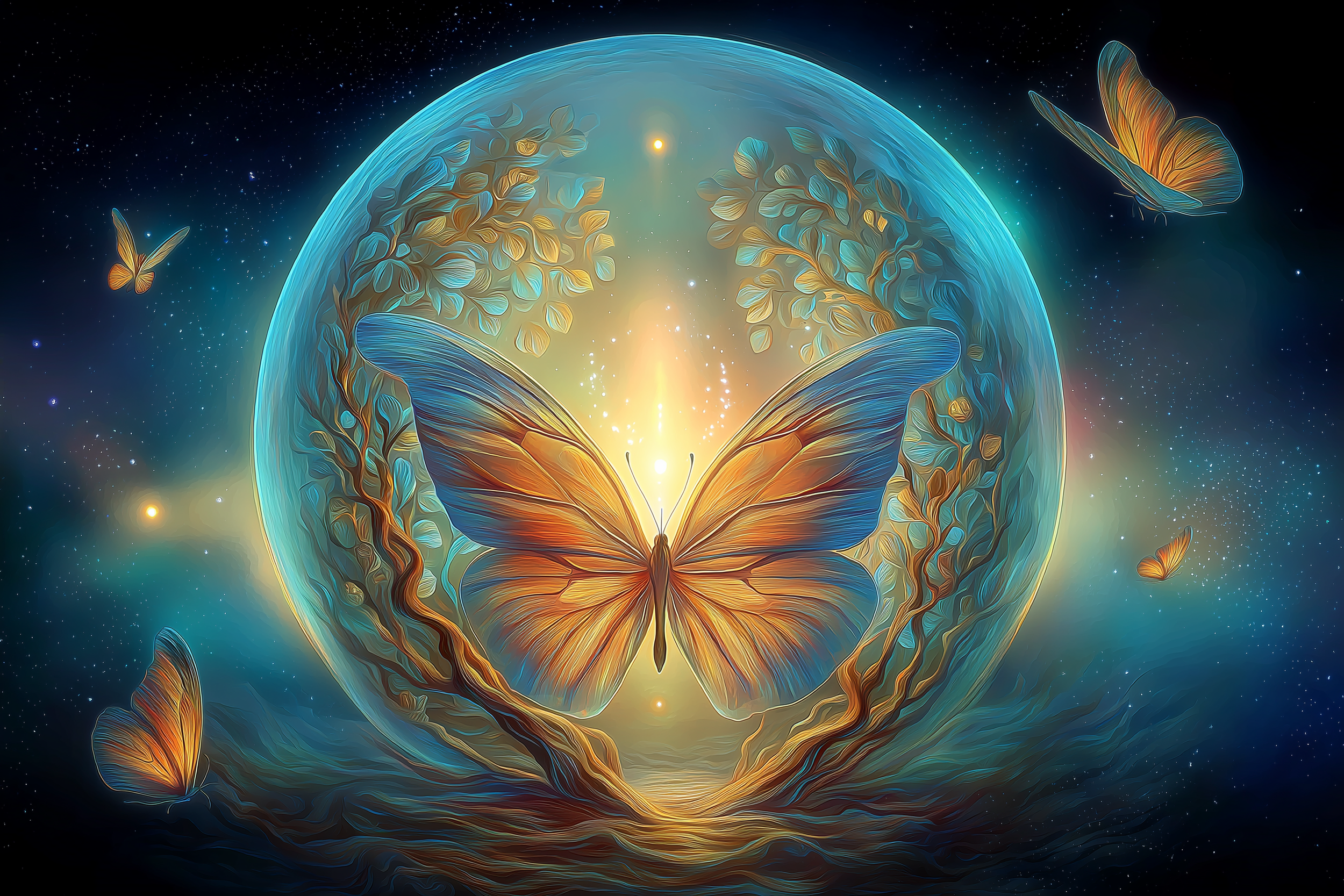 A digital art scene of Earth with glowing blue water and golden-green land, surrounded by glowing butterflies in space.