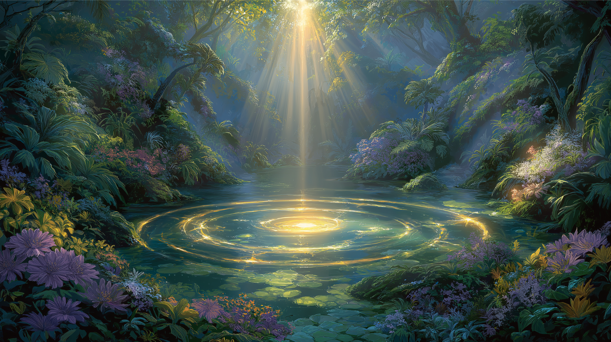 A lush jungle scene with dense green foliage, colorful flowers, and a serene pond. Sunlight streams through the trees, illuminating the water with golden light and creating ripples.