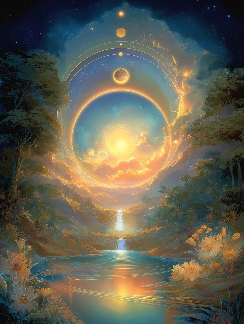 A fantasy landscape in the sky with planets, stars, and glowing orbs, surrounded by trees, waterfalls, and flowers, illuminated with a warm, glowing sunset or sunrise.