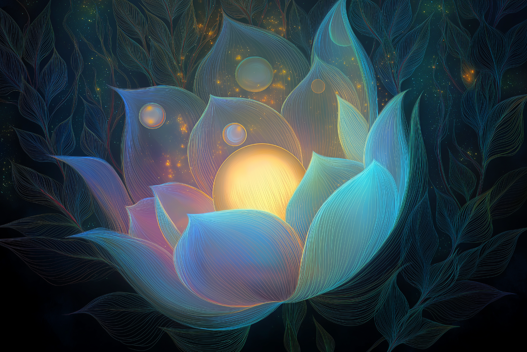 Digital artwork of glowing, translucent blue and teal plant-like shapes and spherical orbs with a dark, starry background.