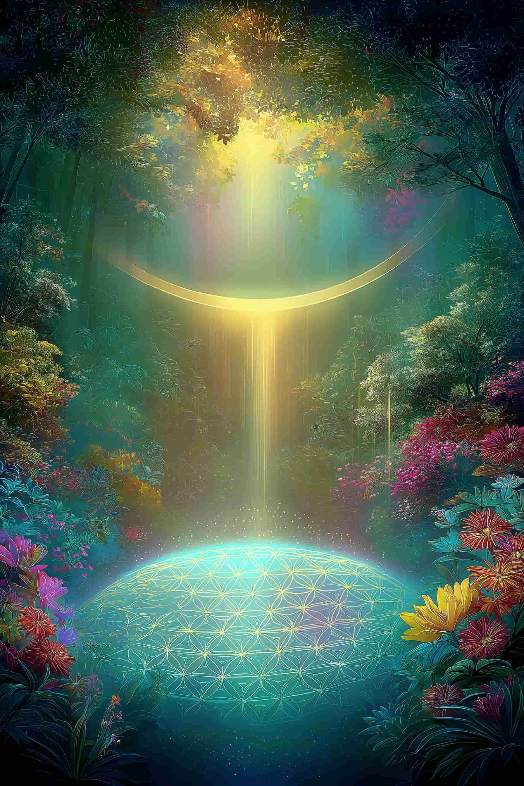 A fantasy scene depicting a luminous moon with a golden glow, surrounded by colorful foliage and flowers in a lush jungle setting, with a radiant geometric pattern on the ground.