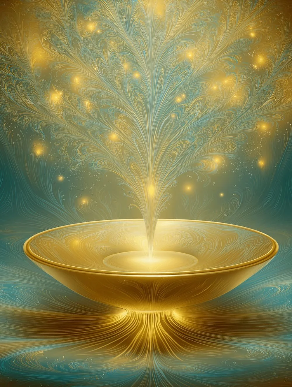 A digital abstract artwork of golden swirling patterns and bright sparks emanating from a central point, resembling a fountain or explosion of light.