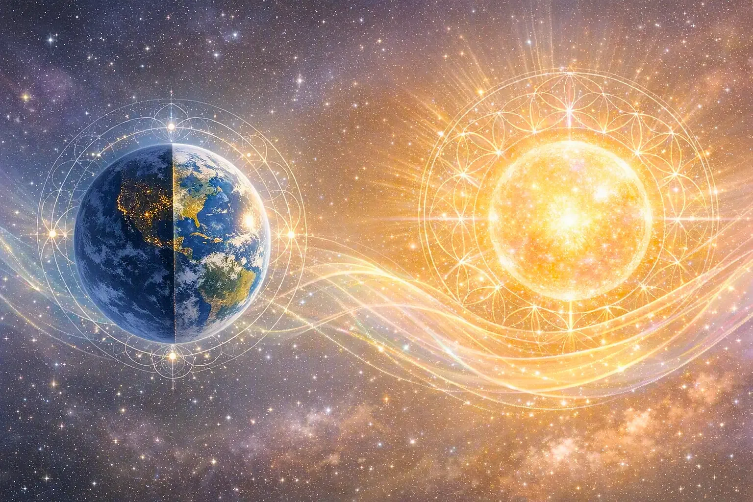 A digital illustration of Earth on the left and the Sun on the right, with symbolic glowing geometric patterns and lines connecting them, set against a starry universe background.