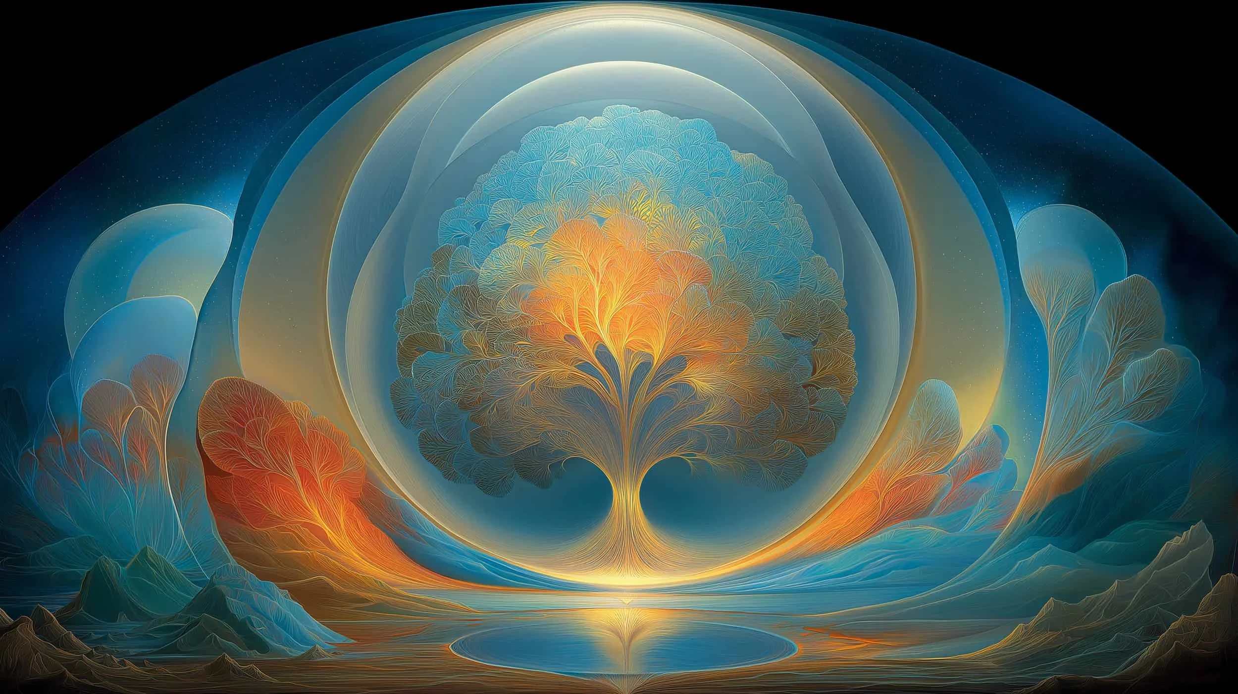 An abstract digital artwork featuring a central luminous tree with intricate leaf patterns, surrounded by concentric circles and glowing elements in shades of blue, orange, and yellow, resembling a cosmic landscape.