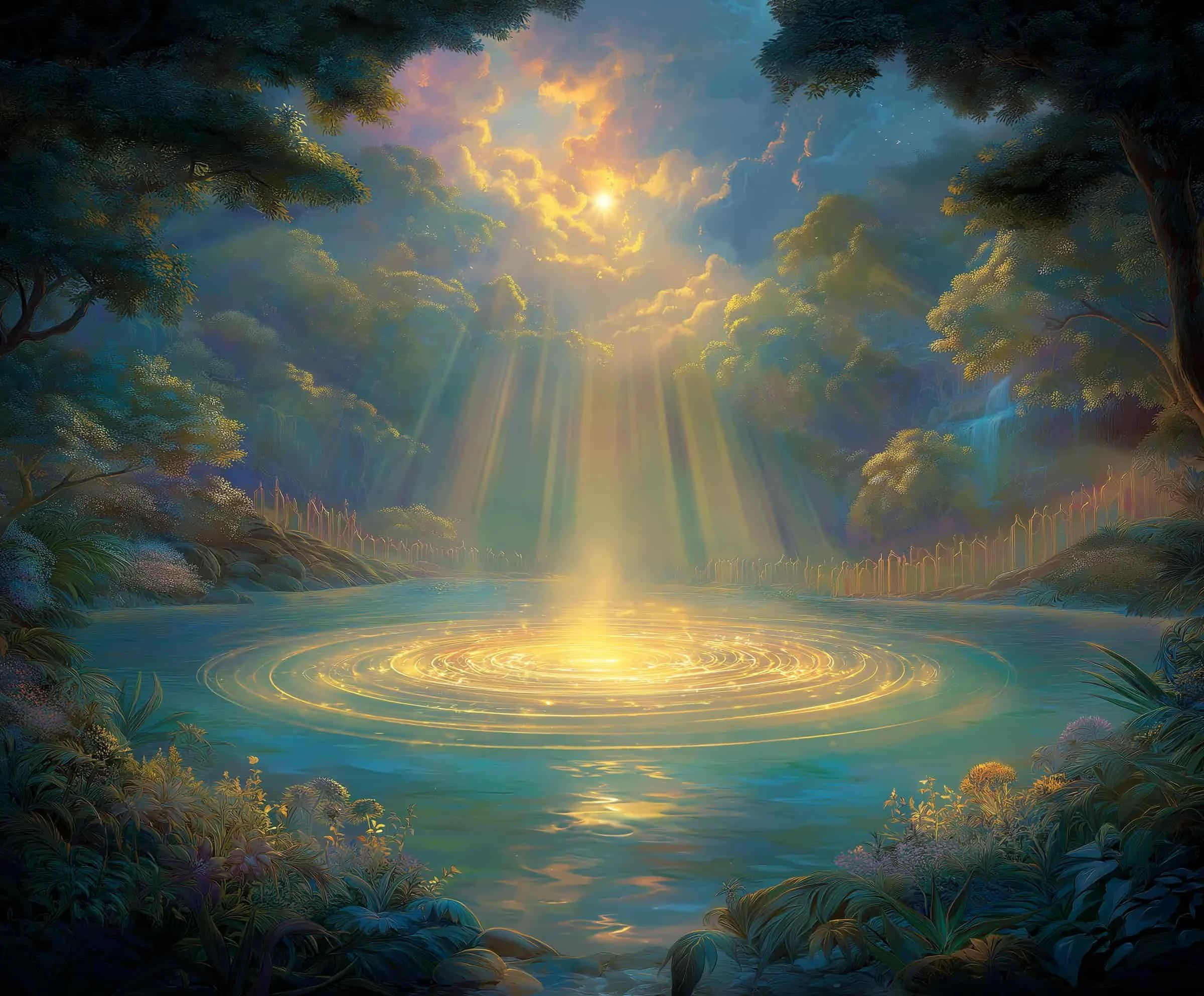 A fantasy landscape with a moonlit lake surrounded by trees and plants, with sunlight breaking through clouds and reflecting on the water's surface.