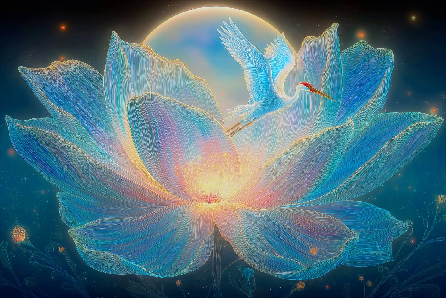 A luminous digital artwork of a white heron flying above a glowing, multi-colored lotus flower with a bright moon and stars in the background.