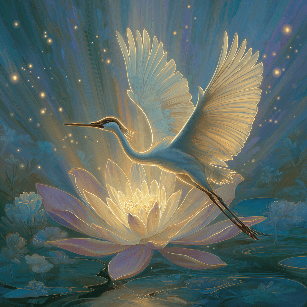 A digitally illustrated scene of a heron flying above a glowing lotus flower on a pond, surrounded by blooming water lilies and illuminated with soft, magical light.