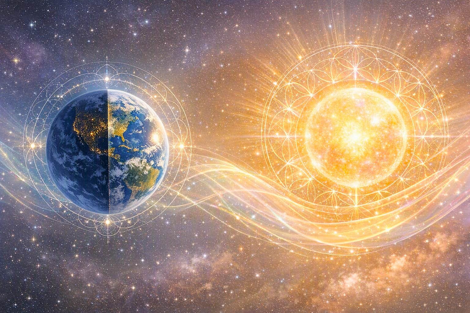 An artistic depiction of the fall equinox of the Earth and the Sun surrounded by geometric patterns and glowing lines in outer space.