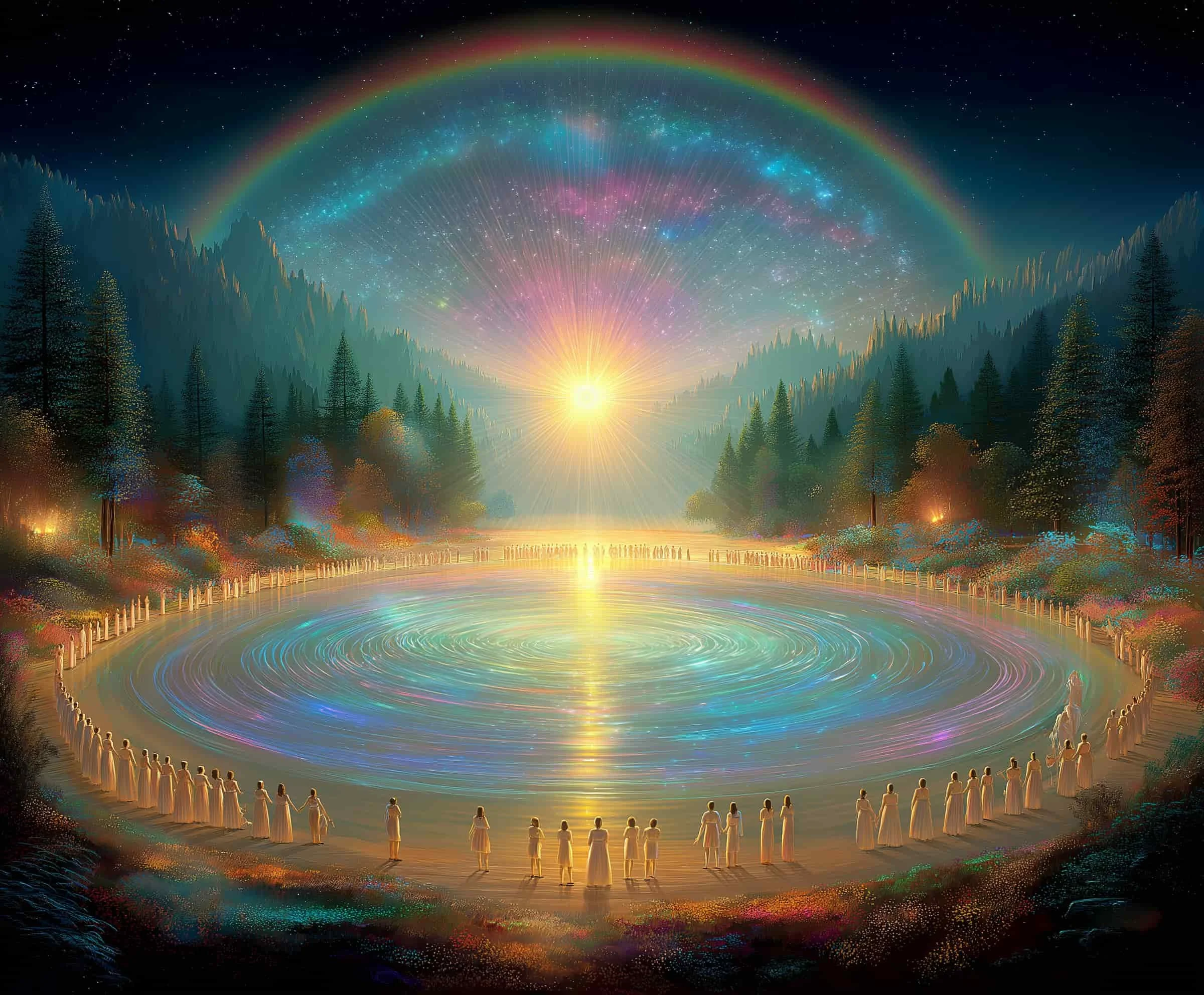 A surreal and vibrant digital artwork depicting a large group of people holding hands in a circle around a glowing, radiant light source at the bottom center. The scene extends into a misty, forested landscape with tall trees. Above, a colorful rainbow arches across a starry night sky filled with constellations and nebulae, with a faint glow of cosmic phenomena.