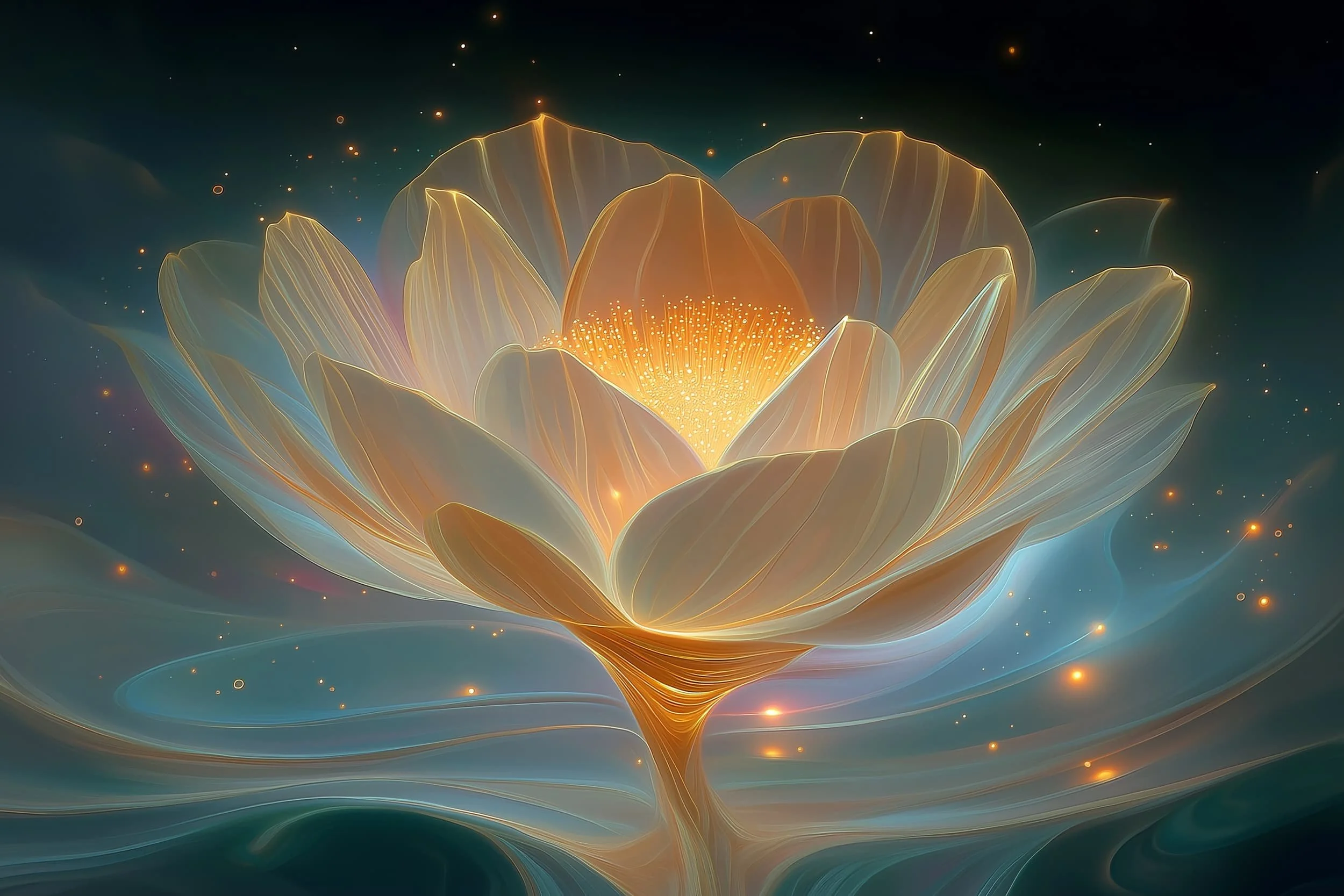 An abstract digital artwork of a glowing lotus flower with golden petals and a radiant center, surrounded by small glowing particles against a dark background.