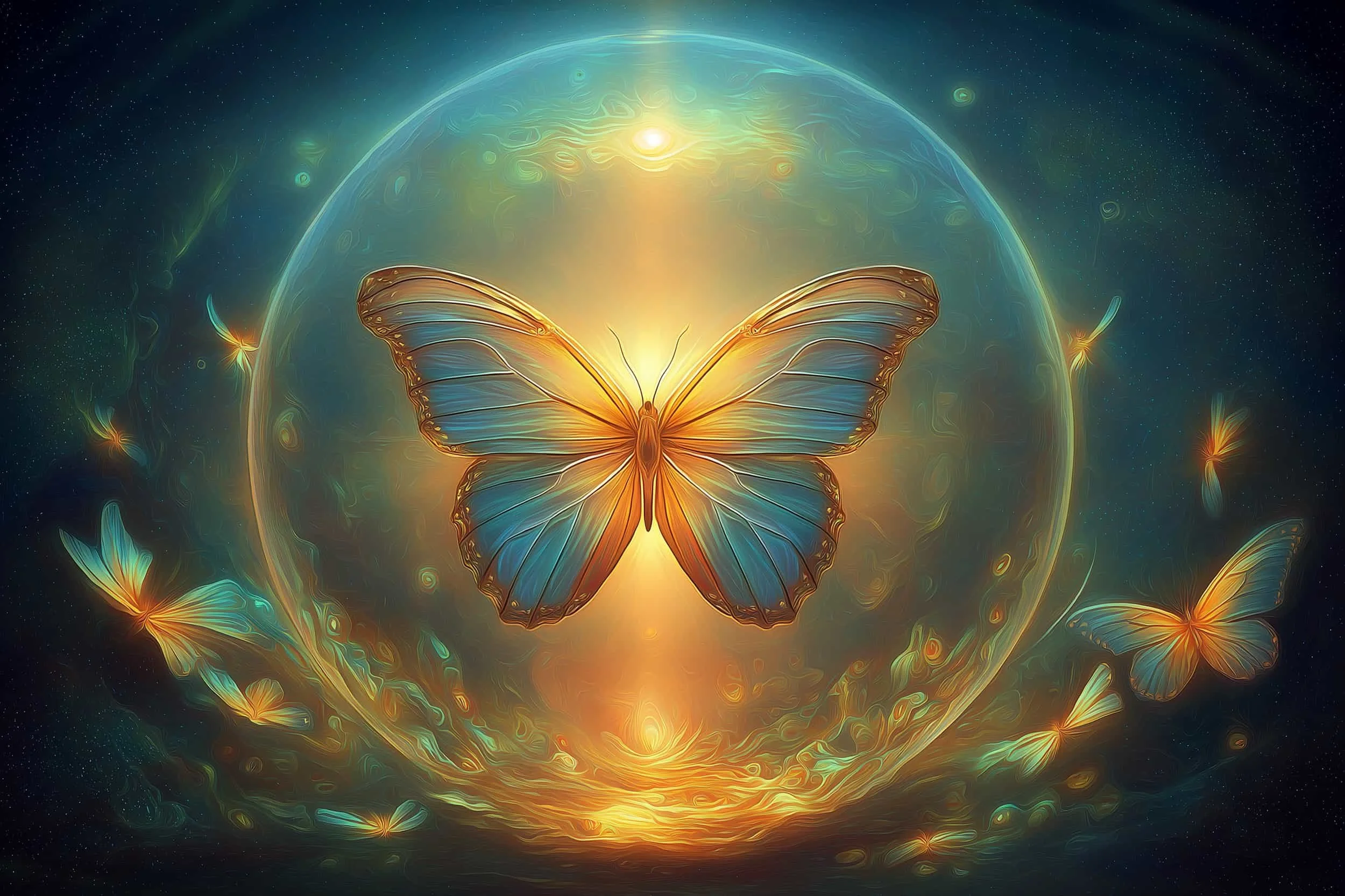 A digital artwork of a glowing butterfly with vibrant blue and orange wings, centered in front of a radiant planet and surrounded by swirling cosmic patterns and smaller glowing butterflies in space.
