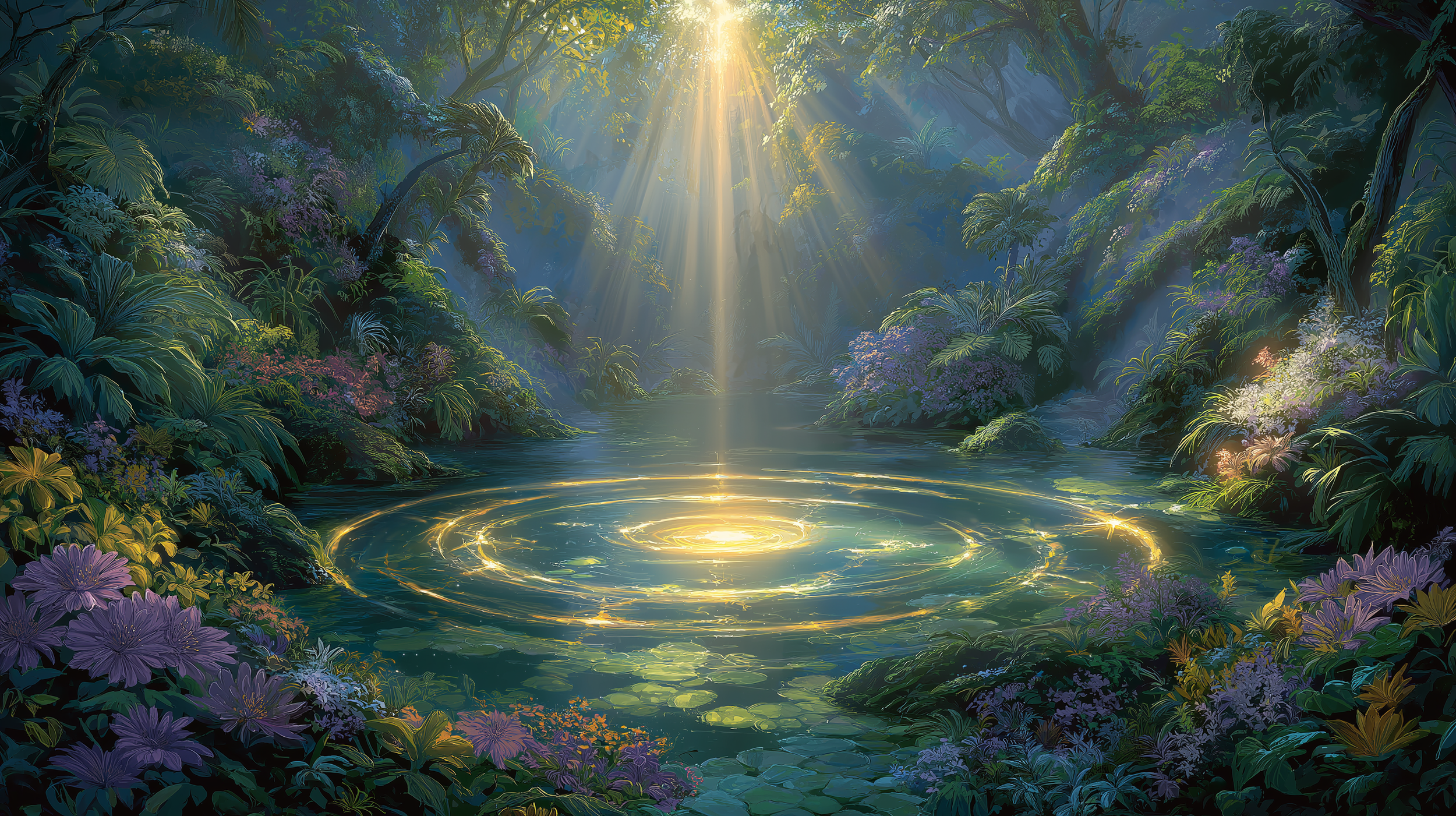 An enchanted forest scene with a glowing, illuminated pond surrounded by lush, dense vegetation and vibrant flowers, with sunlight streaming through the canopy above.
