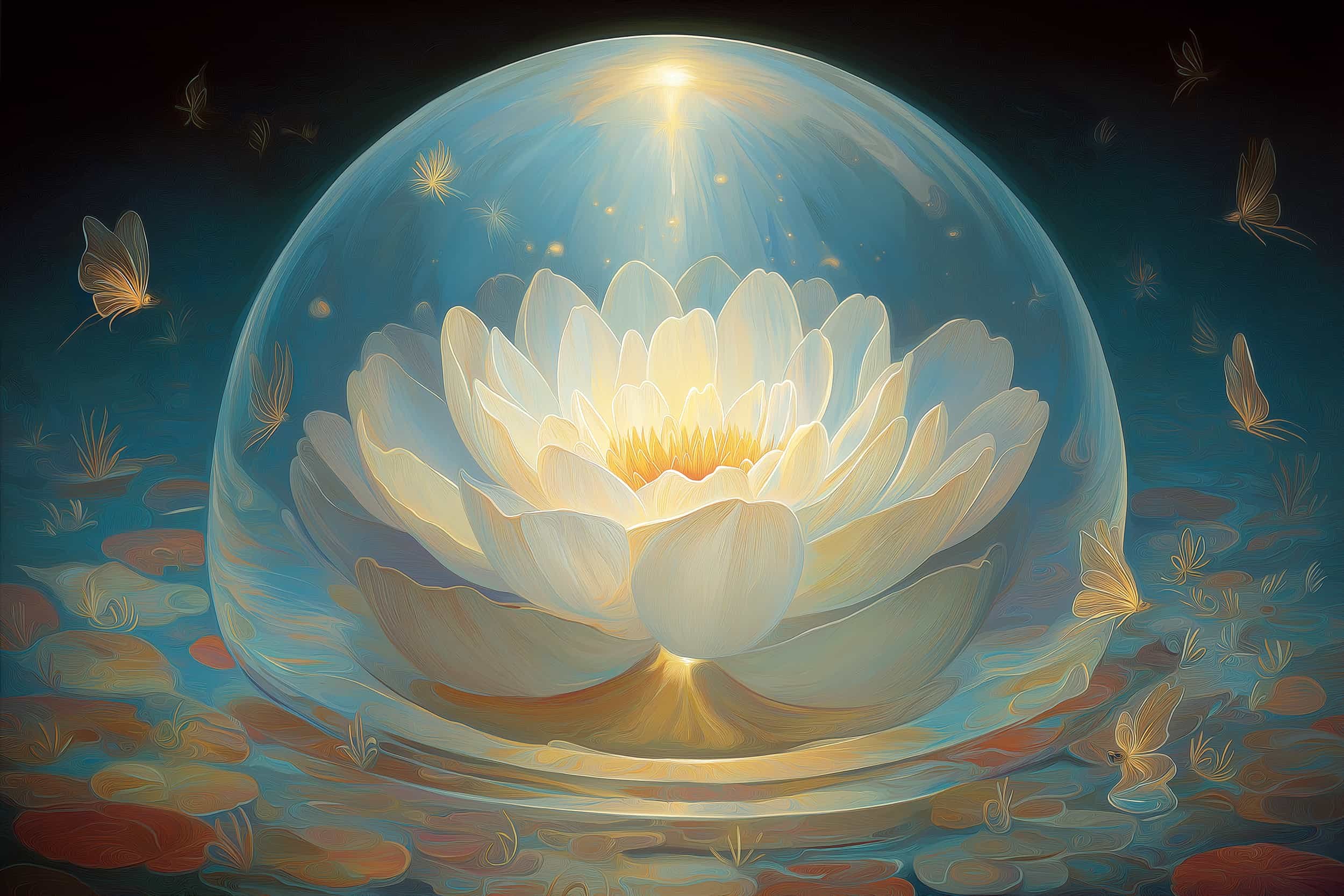 An artistic digital painting of a glowing white lotus flower floating on water, illuminated by a bright light above, surrounded by golden butterflies and water lilies.