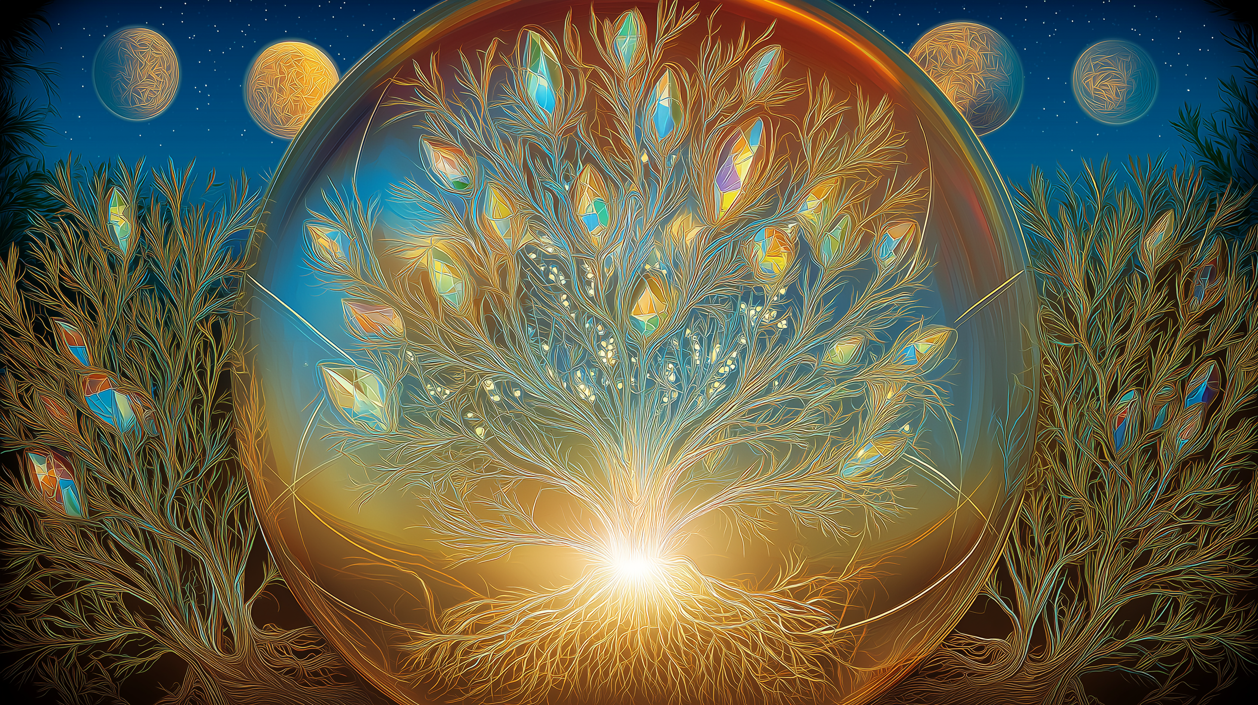 A digital artwork showing a vibrant, surreal scene with intricately detailed, glowing feathers or leaves, a radiant glowing light at the bottom center, and several large, planetary objects in the sky, set against a starry night sky with multiple moon-like celestial bodies.