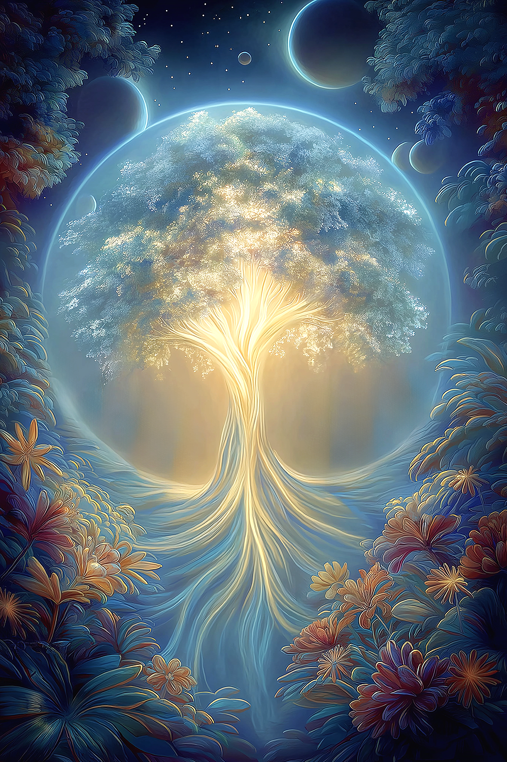 A glowing tree with branches and roots illuminated, surrounded by lush foliage and flowers, set in a surreal cosmic landscape with planets and stars in the background.