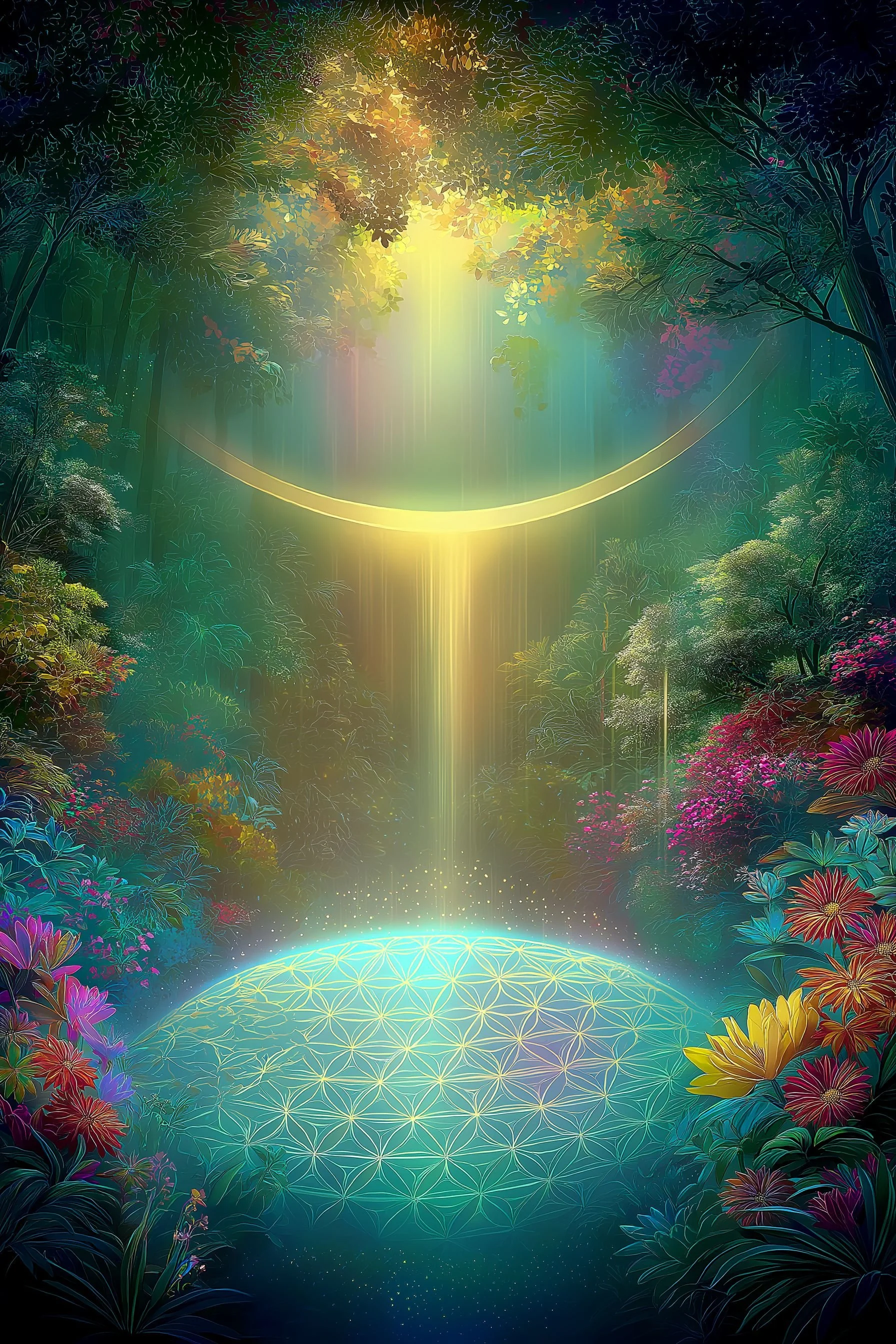 Futuristic digital artwork featuring a vibrant, luminous forest with glowing plants and flowers surrounding a glowing geometric sphere and a curved light beam, with intricate patterns and a mystical glow.
