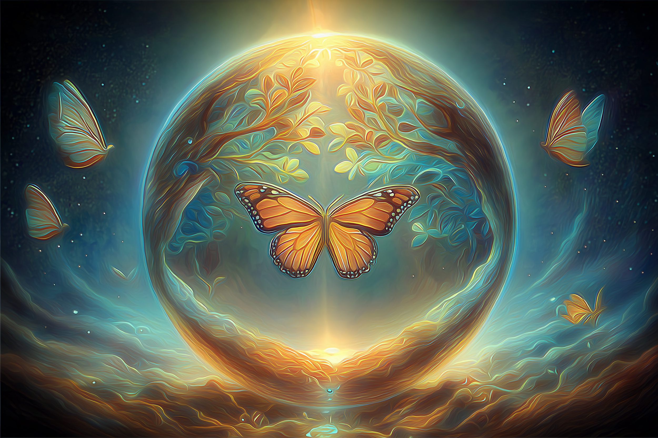 Digital artwork of a glowing earth with butterflies flying around it, set against a cosmic background.